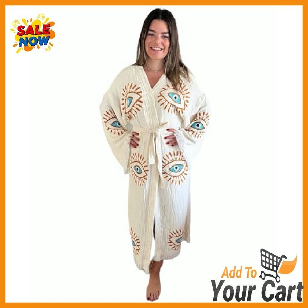 Handmade Evil Eye Kimono Boho Cotton Cardigan Festival Beach Cover Up - Picture 6 of 8